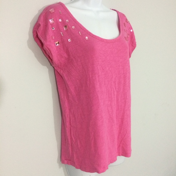 PINK Victorias Secret Top XS Pink Jeweled Scoop Neck Short Sleeve 100% Cotton - Picture 3 of 8